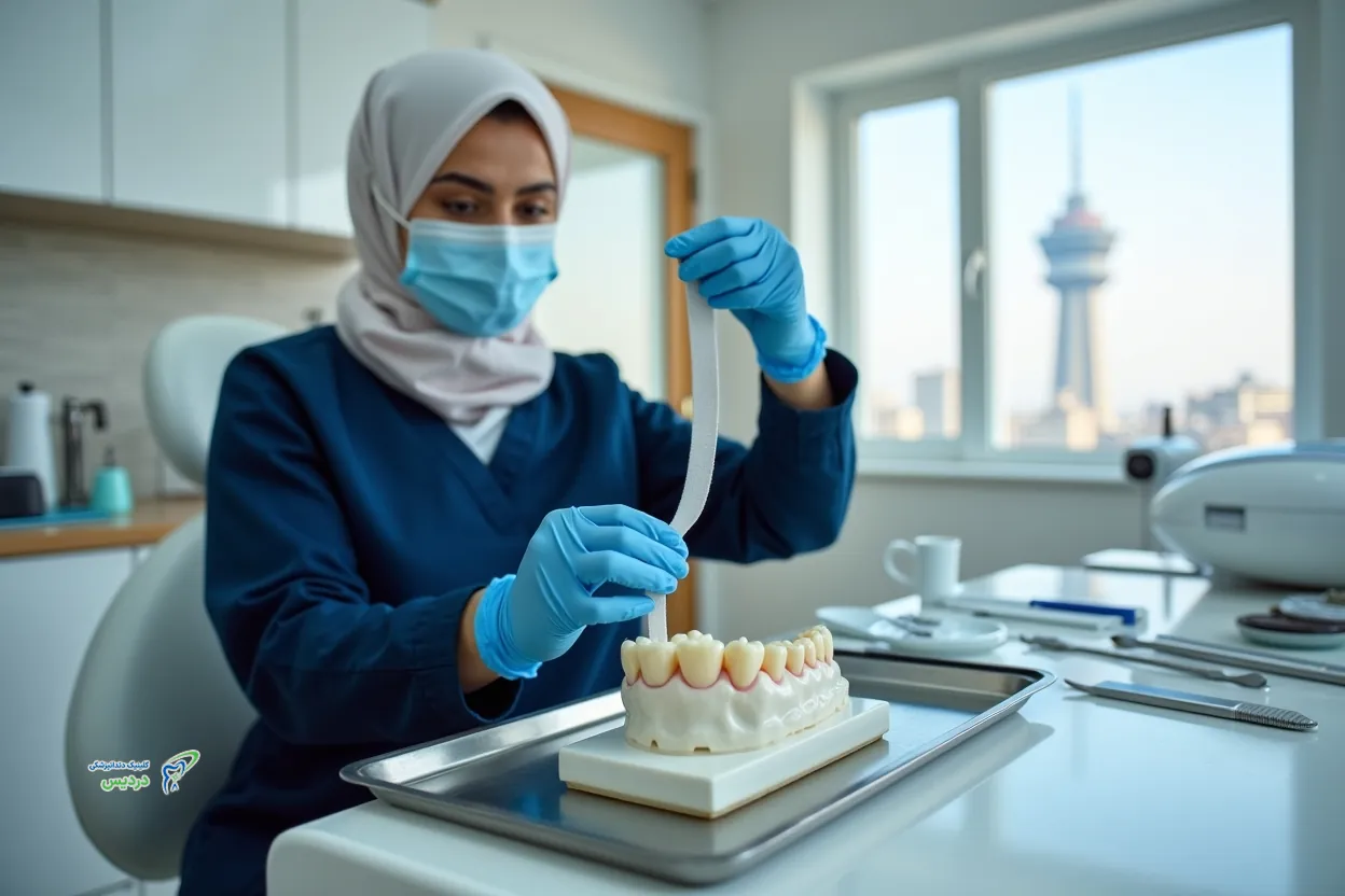 نمای نزدیک از نوار پرداخت کامپوزیت و نحوه عبور از تماس بین‌دندانی