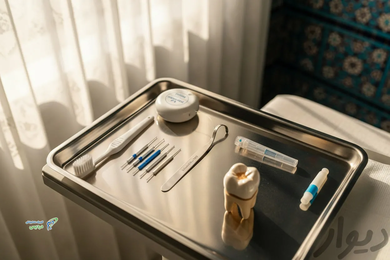 تمیز کردن دقیق اطراف روکش دندان با نخ دندان و مسواک بین دندانی