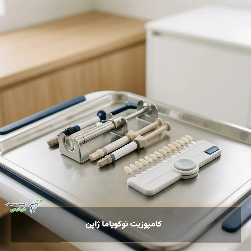 تیوب کامپوزیت توکویاما ژاپن در کنار راهنمای رنگ شید دندان